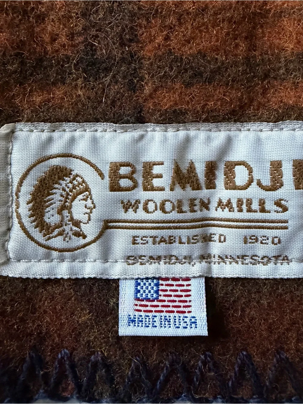 Vintage Bemidji Woolen Mills Wool Scarf Brown Plaid Blanket Stitch USA 60x10